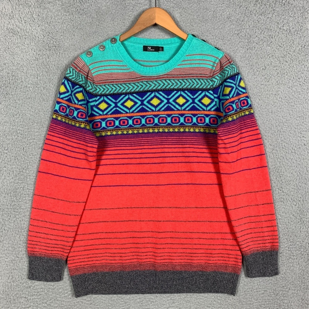 Neve Sweater Womens Large Colorful Nordic Merino Lambswool Blend Button Shoulder